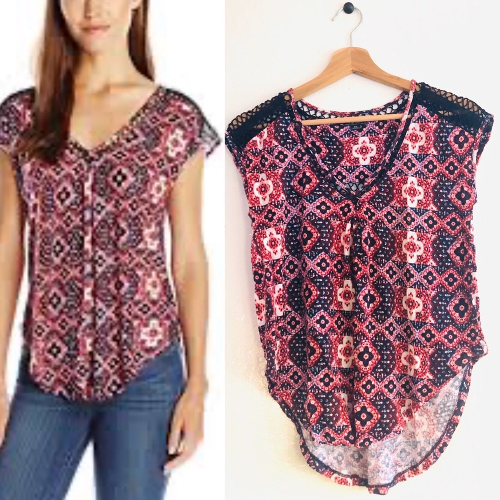 Lucky Brand abstract print red top with crocheted black  inset size XS